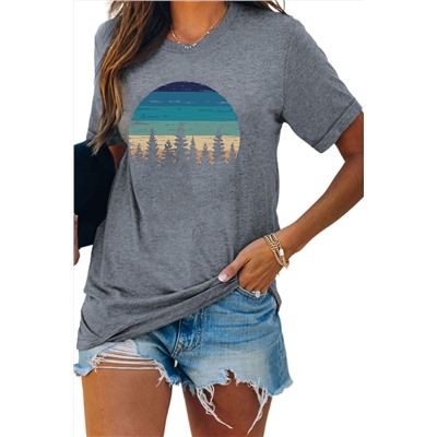Gray Retro Pines Mountain Graphic T Shirt