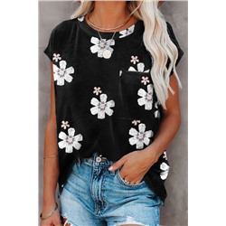 Black Floral Cap Sleeve T-Shirt with Pocket
