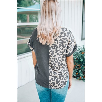 Leopard Block Patchwork Roll-up Sleeve T-shirt