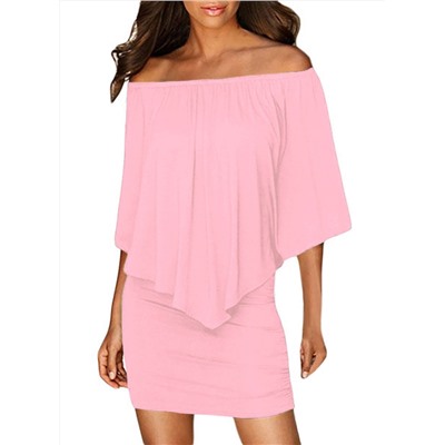 Розовое платье-трансформер с широким воланом и резинкой на плечах