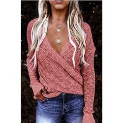 Розовый вязаный пуловер-свитер с V-образным вырезом и запахом