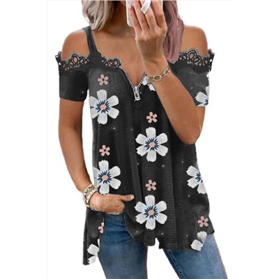 Black Floral Print Lace Contrast Zipped Cold Shoulder T Shirt
