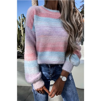 Розово-голубой вязаный свитер из мохера градиентной расцветки