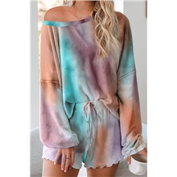Сиреневый пижамный комплект с разноцветным принтом: блуза на одно плечо + шорты