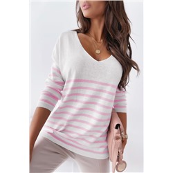 Белый свитер в розовую полоску с V-образным вырезом