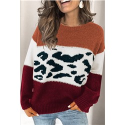 Коричнево-бордовый свитер с черно-белым леопардовым принтом
