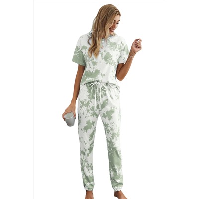 Зелено-белый пижамный комплект: футболка + штаны