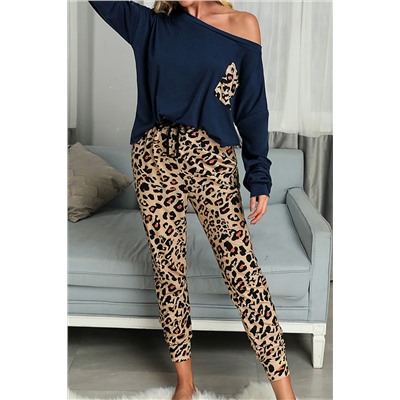 Легкий синий леопардовый домашний комплект: блуза на одно плечо с кармашком к + леггинсы