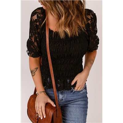 Black Floral Lace Crochet Ruffled Shirred Square Neck Top