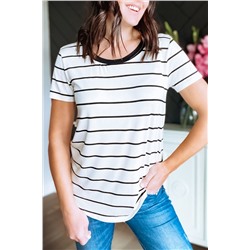 Lace Detail Back Striped Short Sleeve Top