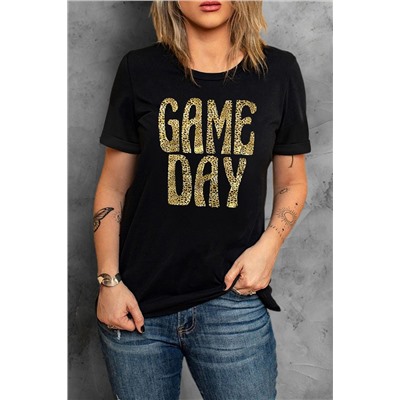 Black GAME DAY Leopard Print Short Sleeve T Shirt