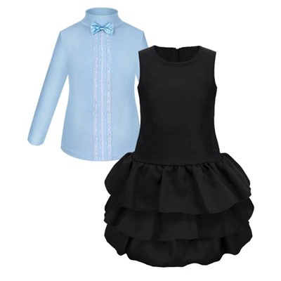 Школьная форма для девочки с голубой водолазкой и черным сарафаном с оборками
