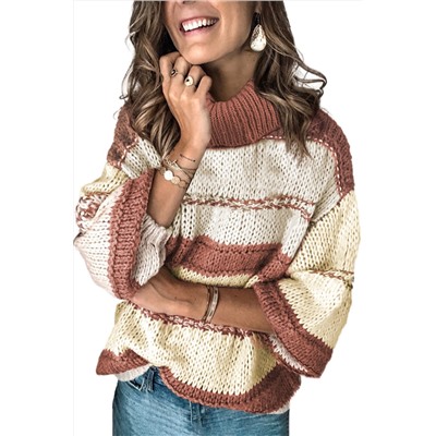 Бежево-коричневый вязаный свитер с воротником по горло и пышными рукавами