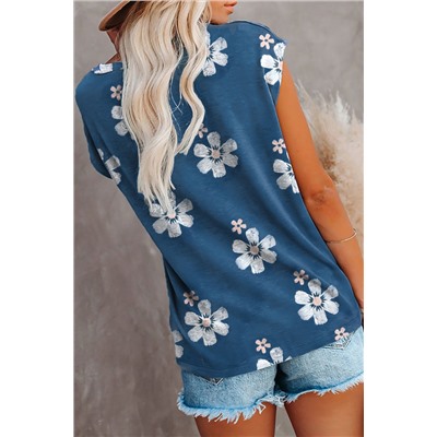 Blue Floral Cap Sleeve T-Shirt with Pocket