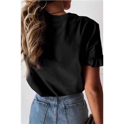 Black Solid Ruffled Short Sleeve T-shirt