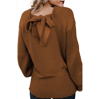 Светло-коричневый вязаный свитер с вырезом на спине на завязке