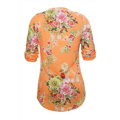 Оранжевая в цветы удлиненная блуза со сборками на груди и хлястиками на рукавах