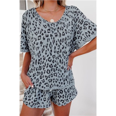 Серо-голубой пижамный комплект с леопардовым принтом: свободная футболка + шорты