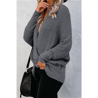 Серый вязаный свитер с драпировкой и запахом