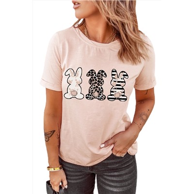 Pink Leopard Striped Bunny Print Short Sleeve T-shirt