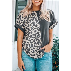 Leopard Block Patchwork Roll-up Sleeve T-shirt