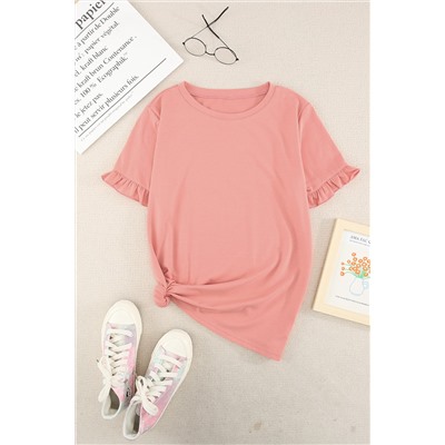 Pink Solid Ruffled Short Sleeve T-shirt