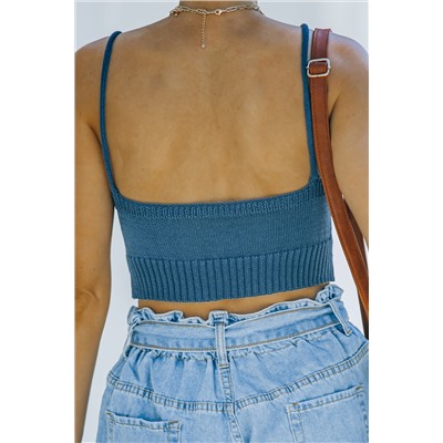 Blue Cable Knit Crop Top with Ribbed Hem