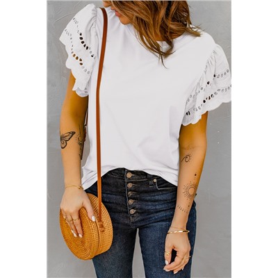 White Hollow Out Ruffle Sleeve T-shirt