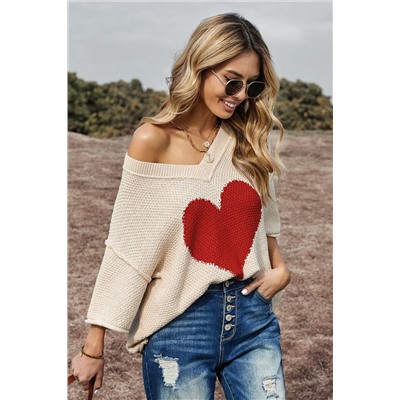 Бежевый пуловер с напуском с заниженными короткими рукавами и принтом сердечко