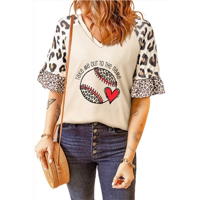 Khaki Leopard Baseball Letter Print Waffled Knit Half Sleeve T Shirt