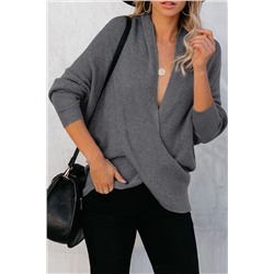 Серый вязаный свитер с драпировкой и запахом