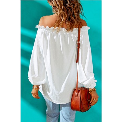 White Swiss Dot Loose Puff Sleeve Ruffled Off Shoulder Blouse