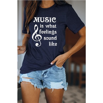 Blue Letter Musical Note Print Short Sleeve T-shirt