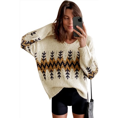 Бежевый вязаный свитер овресайз с V-образным вырезом и узором с ёлочками