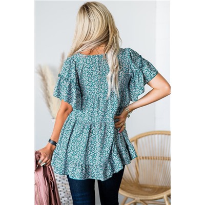 Sky Blue Plus Size Floral Tiered Top with Ruffles