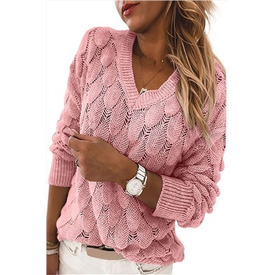 Розовый вязаный свитер крупной вязки "под перья" с V-образным вырезом