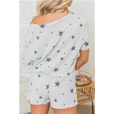 Серый пижамный комплект со звездный принтом: футболка с открытым плечом + штаны