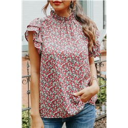 Floral Print Tiered Ruffled Mock Neck Blouse