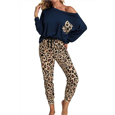 Легкий синий леопардовый домашний комплект: блуза на одно плечо с кармашком к + леггинсы