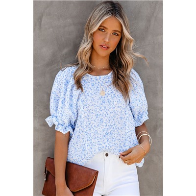 Sky Blue Floral Smocked Puff Sleeve Blouse