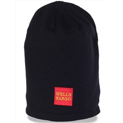 Черная удлиненная мужская трикотажная шапка утепленная флисом Wells Fargo - уютная вещичка застрахует Вас от зимнего холода №5147