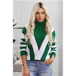 Зелено-белый полосатый свитер-водолазка