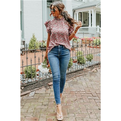 Floral Print Tiered Ruffled Mock Neck Blouse