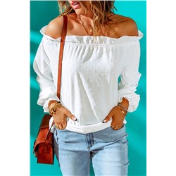 White Swiss Dot Loose Puff Sleeve Ruffled Off Shoulder Blouse