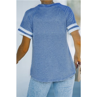 Blue Plain Colorblock Raglan Sleeve T-shirt