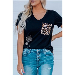 Dandelion Leopard Color Block V Neck T Shirt