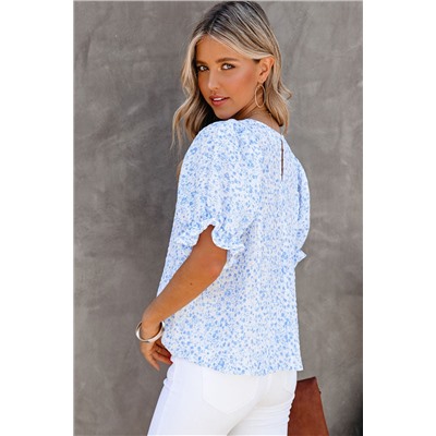 Sky Blue Floral Smocked Puff Sleeve Blouse