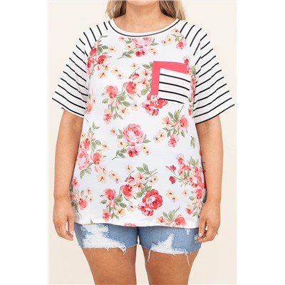 Beige Floral and Striped Plus Size Top