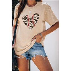 Khaki Leopard Heart Shape Baseball Print Short Sleeve T Shirt