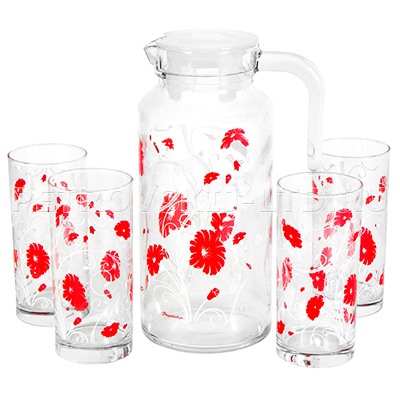 "Serenada Red" Набор для воды стеклянный 5 предметов: кувшин 1,3л, д10см, h23см, стаканов 290мл, д6см, h13см - 4шт, цветная коробка (Россия)